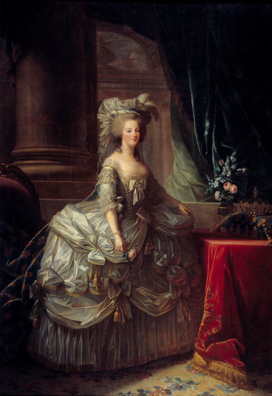 Portrett av dronning Marie Antoinette (1755 - 1793). Maleri av Marie Elisabeth Louise Vigee Le brun (eller Vigee-Lebrun eller Vigee Lebrun) (1755-1842). 1800-tallet. Olje på lerret. Mål: 2,76 x 1,93 m. - Portrett i full lengde av dronning Marie Antoinette  av Elisabeth Louise Vigee Lebrun