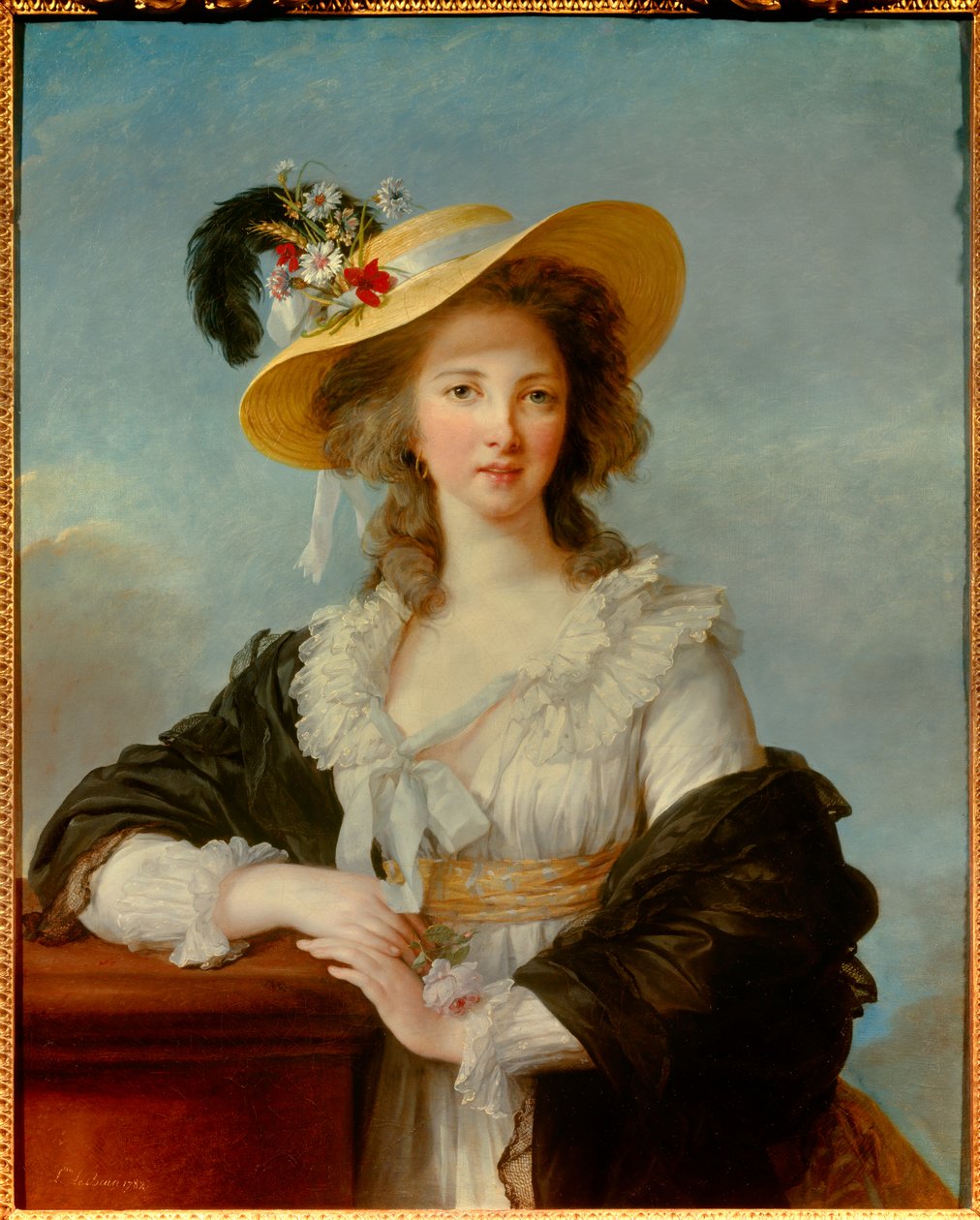 Portrett av Yolande Gabrielle Martine de Polastron, hertuginne av Polignac (1749-1793) med stråhattmaleriet av Marie Elisabeth Louise Vigee Le brun (eller Vigee-Lebrun eller Vigee Lebrun) (1755-1842) 1782 Søn. 0,92x0,73 m - Portrett av hertuginnen - Portre av Elisabeth Louise Vigee Lebrun