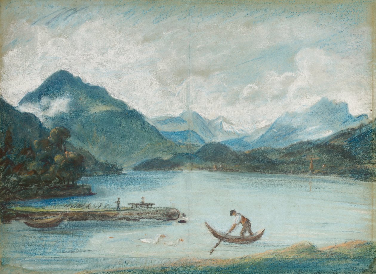 Utsikt over Genfersjøen med en mann som ror en liten båt og to svaner av Elisabeth Louise Vigee Lebrun