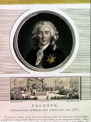 Charles Alexandre de Calonne (1734-1802) generalkontrollør for finansene til Louis XVI (1754-93) gravert av Charles Levachez (fl.1760-1820) og The Assembly of the Notables, av Jean Duplesi Bertau av Elisabeth Louise after Vigee Lebrun