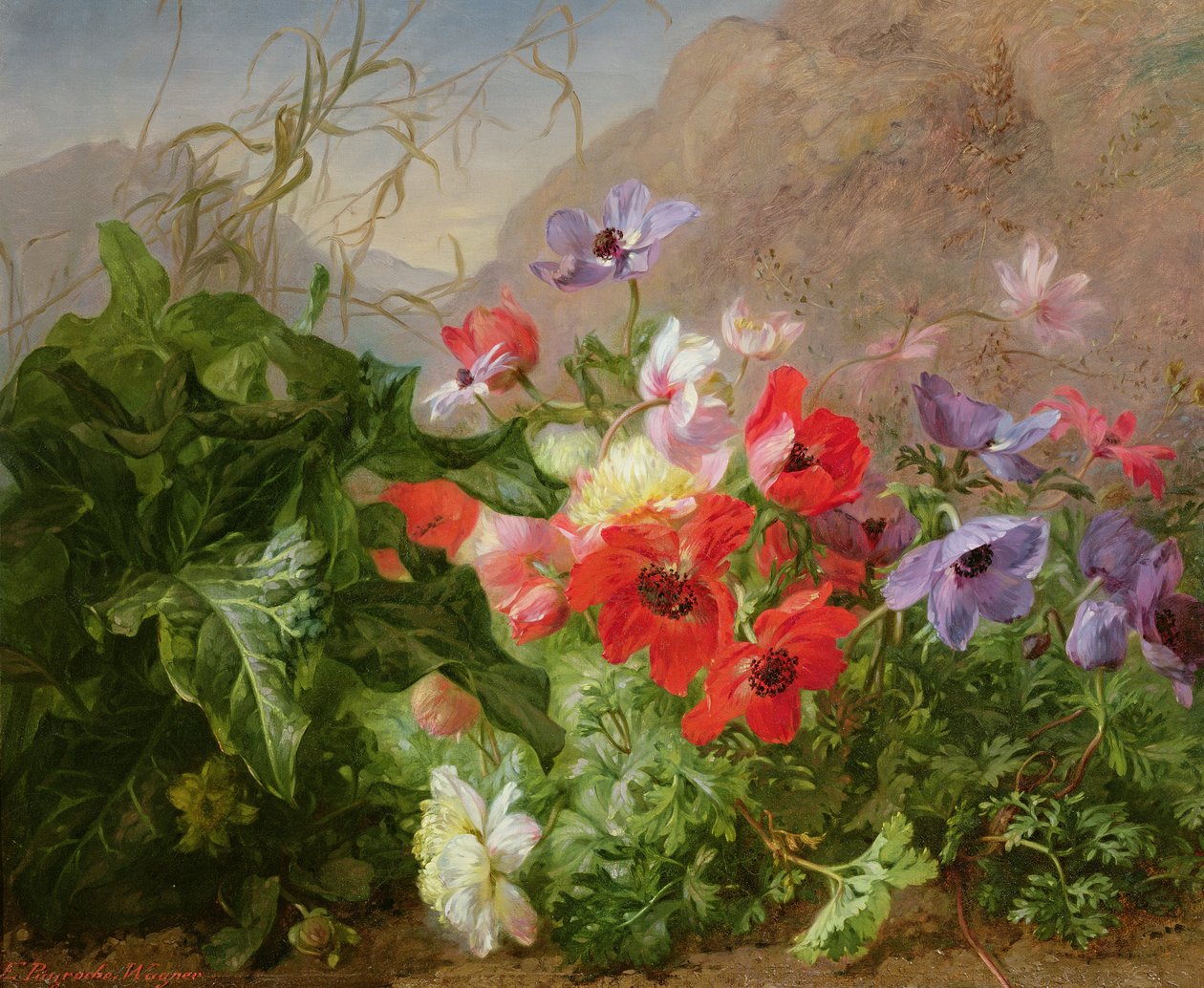 Stilleben av anemoner i underskogen av Elise Puyroche Wagner