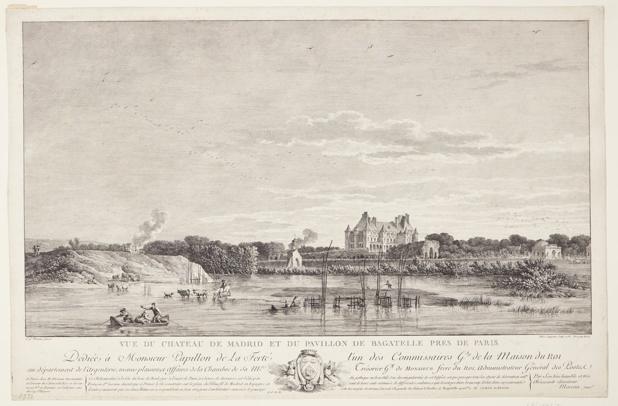 Utsikt over Château de Madrid og Pavillon de Bagatelle (Vue du Chateau de Madrid et du Pavillon de Bagatelle pres de Paris) av Elise Saugrain