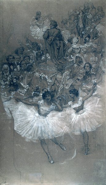 Ballettdansere og Beethoven - Tegneserie for overføring av den store draperien til Municipal Theatre i Rio de Janeiro av Eliseu Visconti