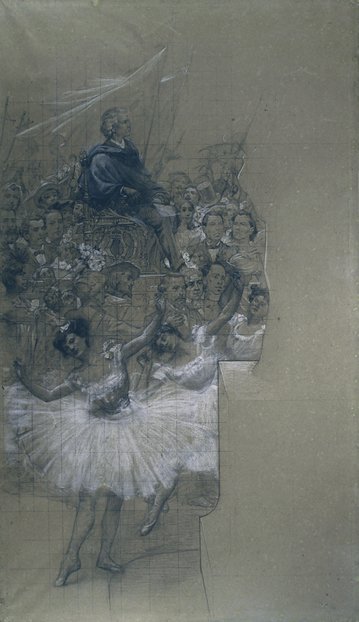 Ballettdansere og Carlos Gomes - Tegneserie for overføring av den store draperien til Municipal Theatre i Rio de Janeiro av Eliseu Visconti