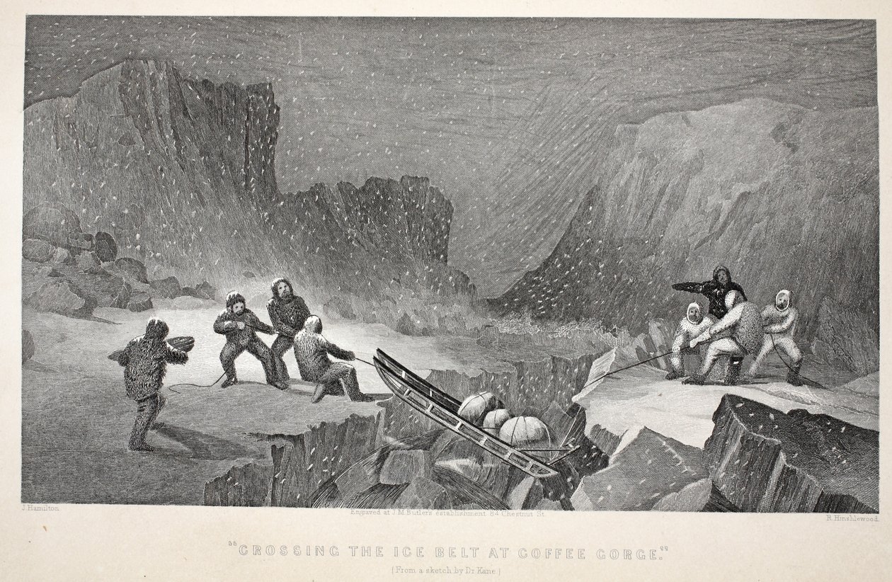 Crossing the Ice Belt at Coffee Gorge, illustrasjon fra 'The second Grinnell Expedition in Search of Sir John Franklin...', 1856 av Elisha Kane