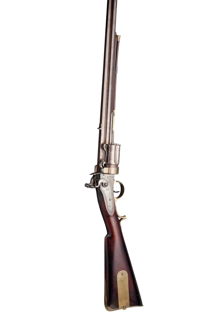 28-hulls Collier patent fem-skudds håndrotert flintlås roterende rifle av militær type, ca. 1819-20 (tre, stål og messing) av Elisha Haydon Collier