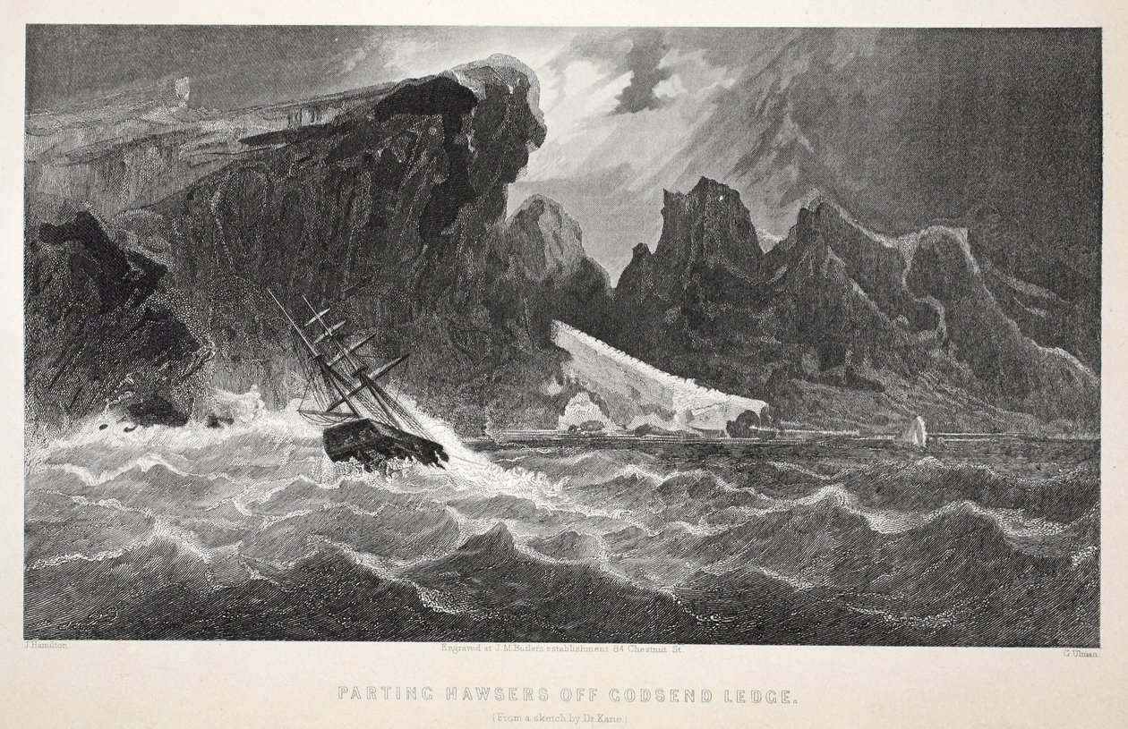 Parting Hawsers off Godsend Ledge, illustrasjon fra The second Grinnell Expedition in Search of Sir John Franklin...