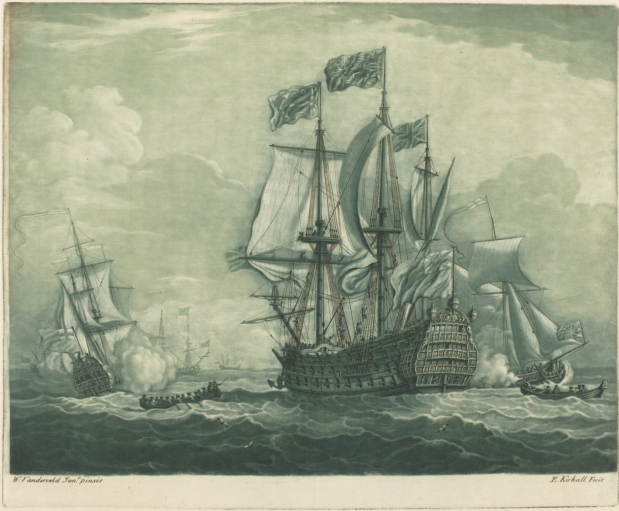 Fraktscene med Man-of-War av Elisha Kirkall after Willem van de Velde the Younger