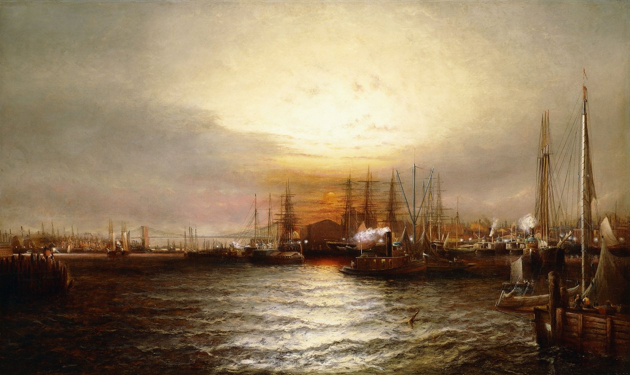 Soloppgang fra Chapman Dock og Old Brooklyn Navy Yard, East River, New York av Elisha Taylor Baker