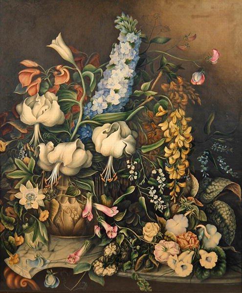 Blomster i en vase på et konsollbord med marmortopp av Eliza F. Daniel