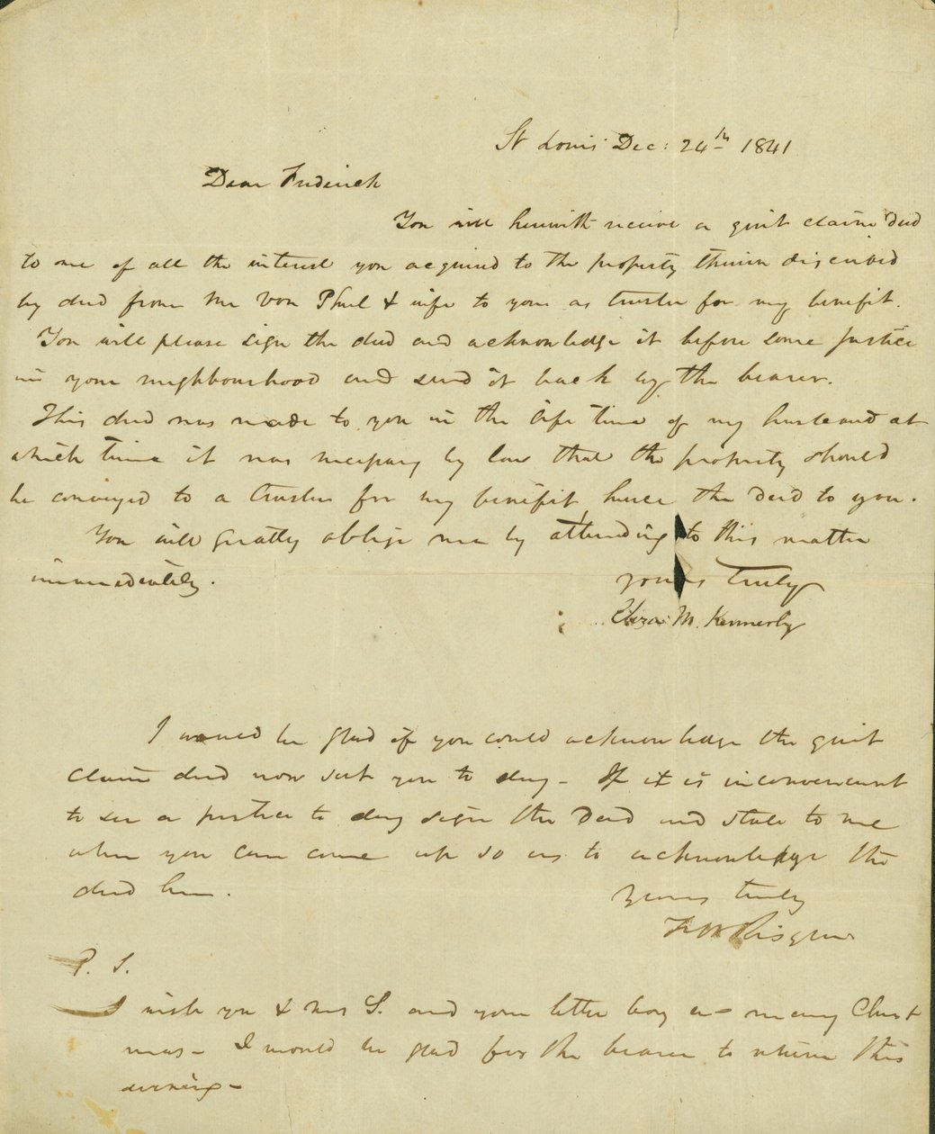 Brev til Frederick Saugrain fra Eliza Kennerly, 24. desember 1841 av Eliza Kennerly