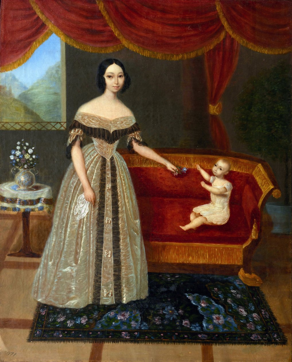 Portrett av Elizaveta Andreevna Yurievich (1809-1858) med sønn Nikolai (født 1837), Anonym. Olje på lerret av Elizabeta Andreevna Yurievich