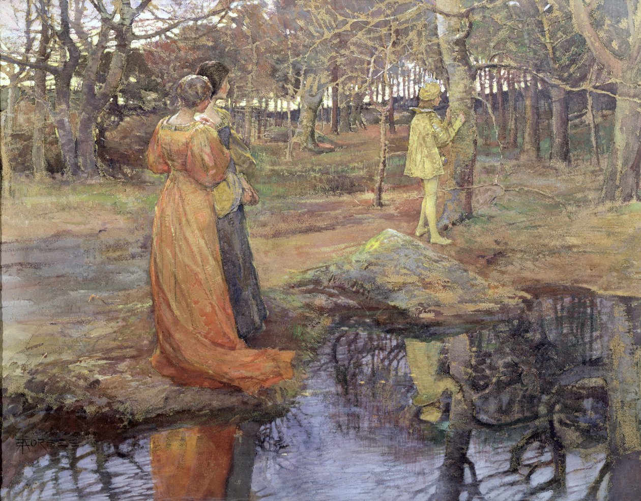 Middelalderskogscene, 1880-tallet (pastell og gouache) av Elizabeth Adela Stanhope Forbes