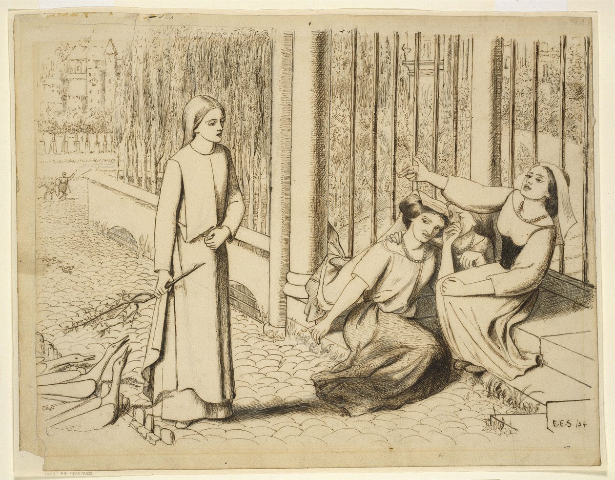 Pippa Passes, 1854 (penn og brunt blekk på off-white papir) av Elizabeth Eleanor Siddal