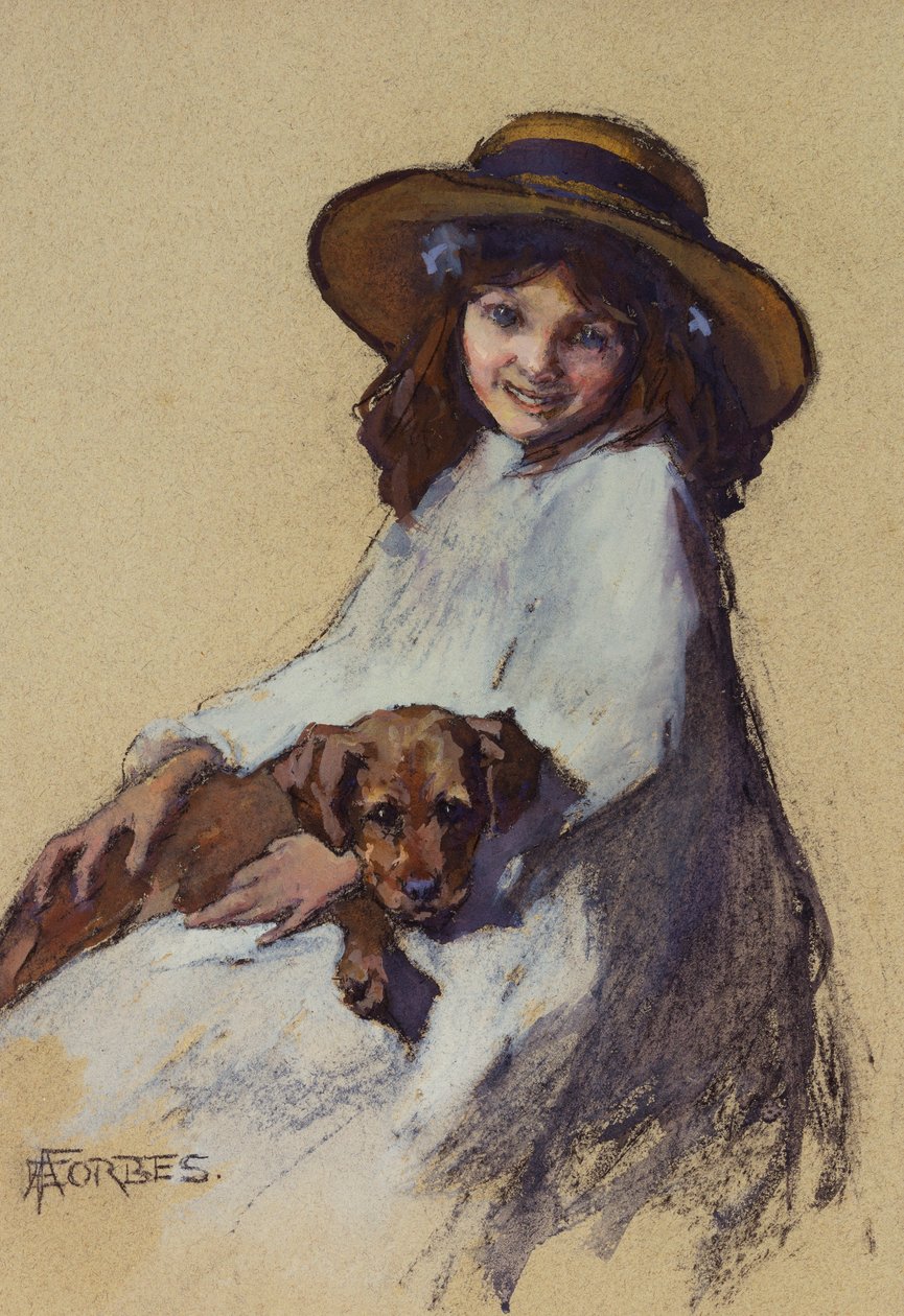 Ung jente med valpen sin av Elizabeth Adela Stanhope Forbes