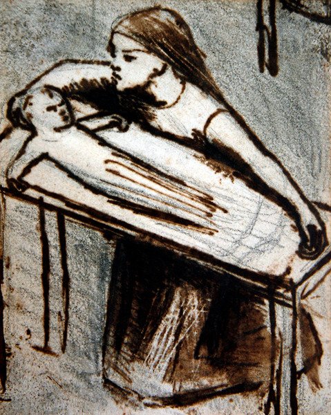 Knelende jente med baby (penn og blekk på papir) av Elizabeth Eleanor Siddal