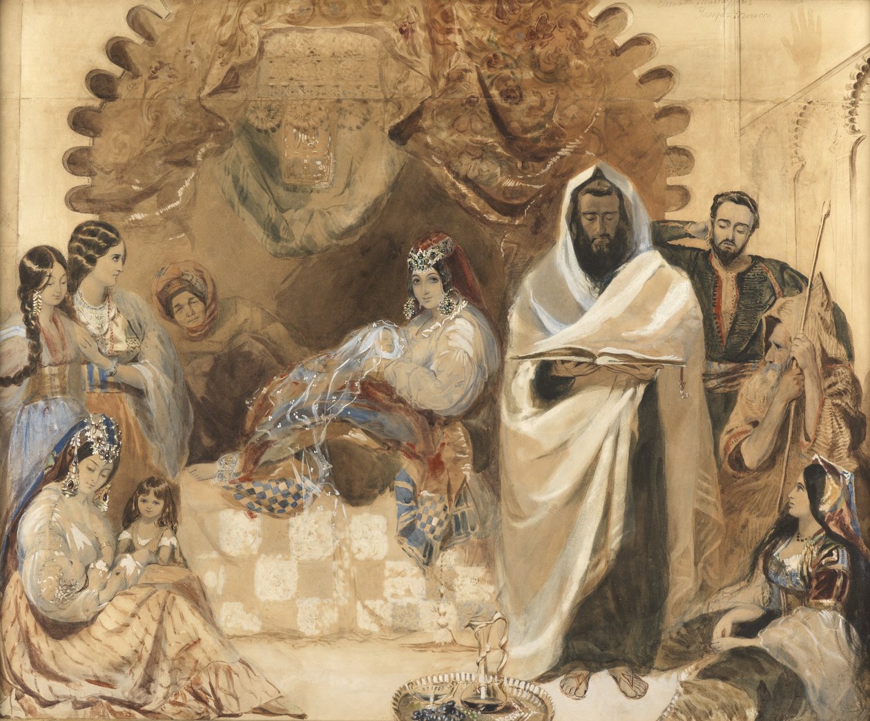 En Brit Milah i Tanger, 1838 (wc og kroppsfarge på papir, belagt med farget glass) av Elizabeth Murray