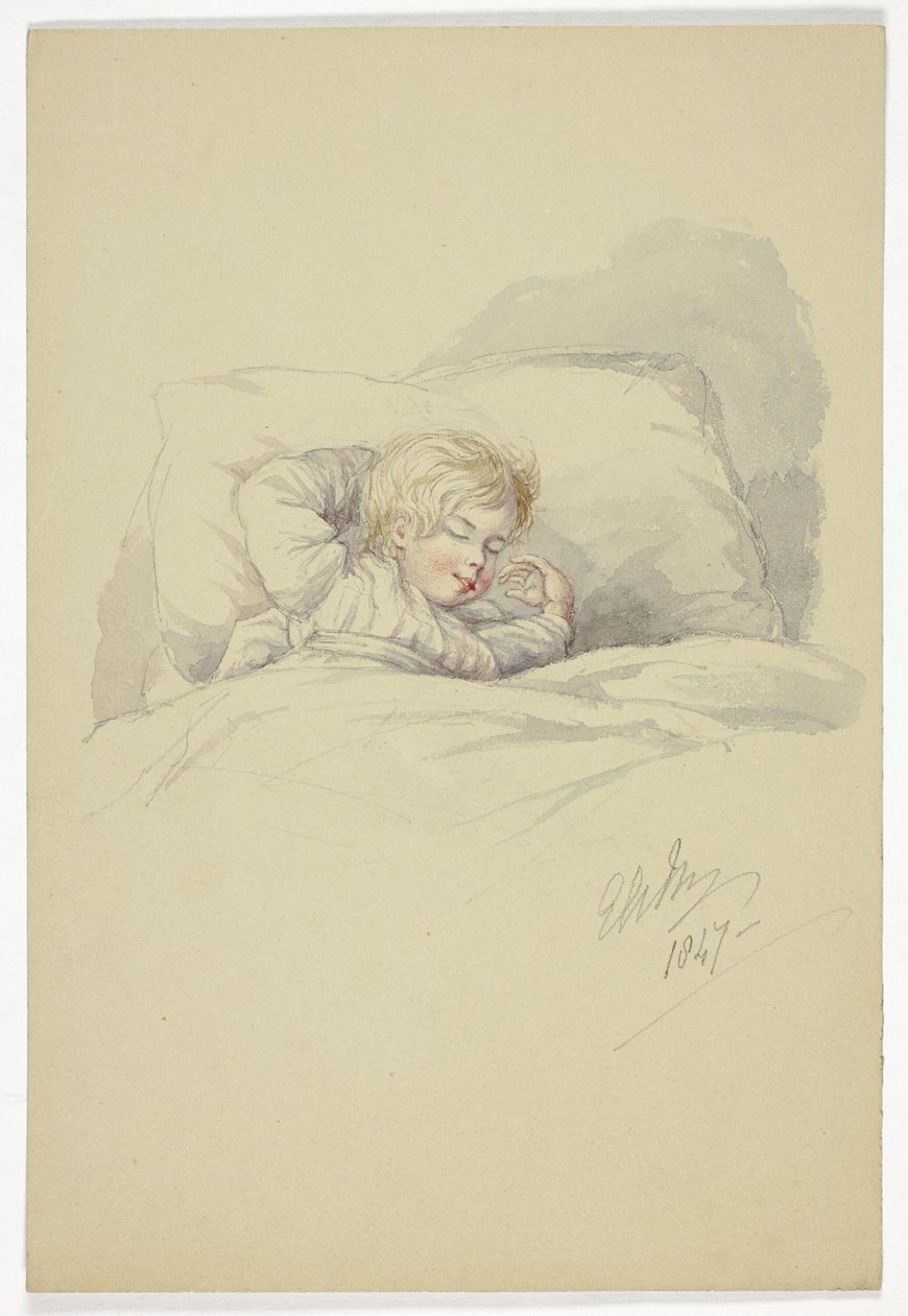 Barn sover (recto), og fiskere på kai (verso) av Elizabeth Murray