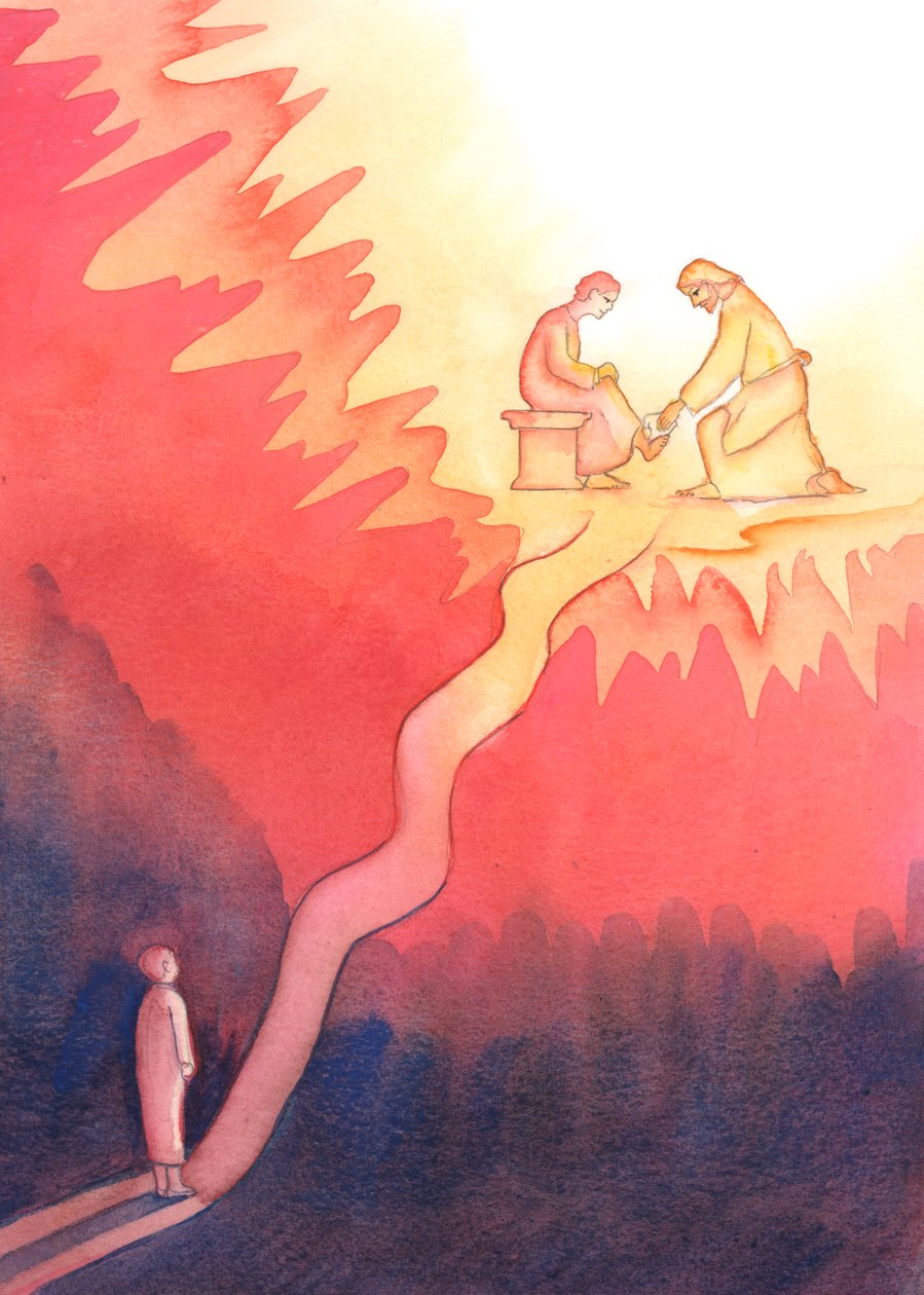 En person som av kjærlighet til Gud elsker og tjener sin neste, går en hard vei mot himmelen, med bratte stigninger, 2004 (w/c på papir) av Elizabeth Wang