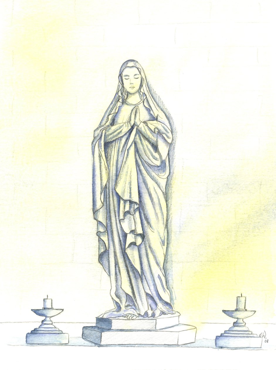 En statue av den hellige jomfru Maria, 2001 (w/c på papir) av Elizabeth Wang