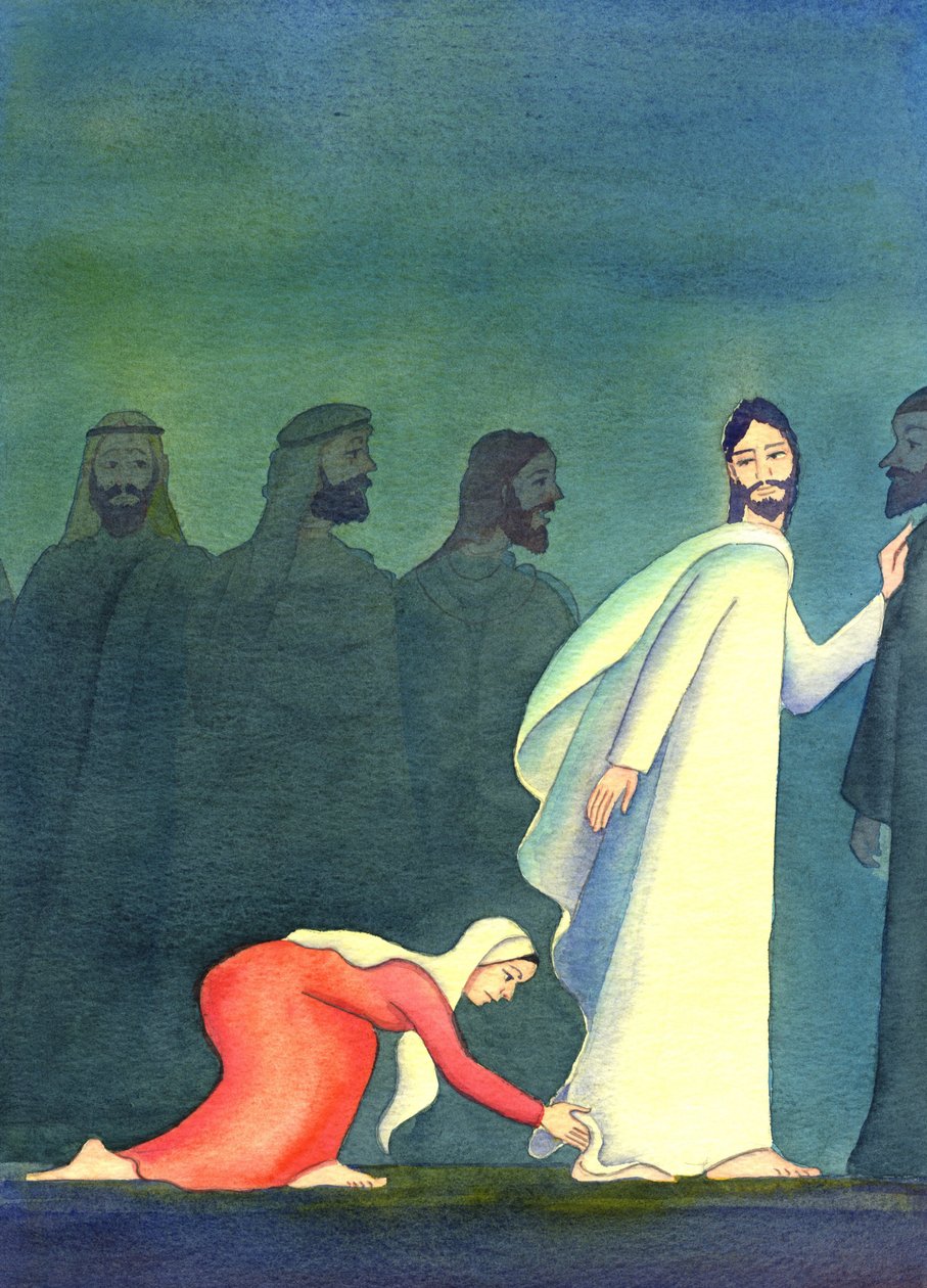 En kvinne tenkte for seg selv: "Hvis jeg bare kan røre ved kanten av plagget hans, skal jeg bli helbredet", 2001 (w/c på papir) av Elizabeth Wang