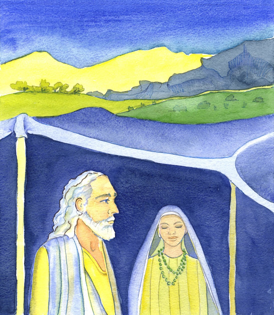 Abraham og Sarah, 2001 (w/c på papir) av Elizabeth Wang