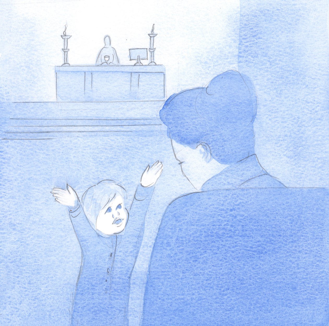 Etter at et barn hadde omfavnet meg, forklarte Kristus at hans kjærlighet er den samme - den er ren, enkel og øm. Han lengter etter min velferd., 2001 (w/c på papir) av Elizabeth Wang