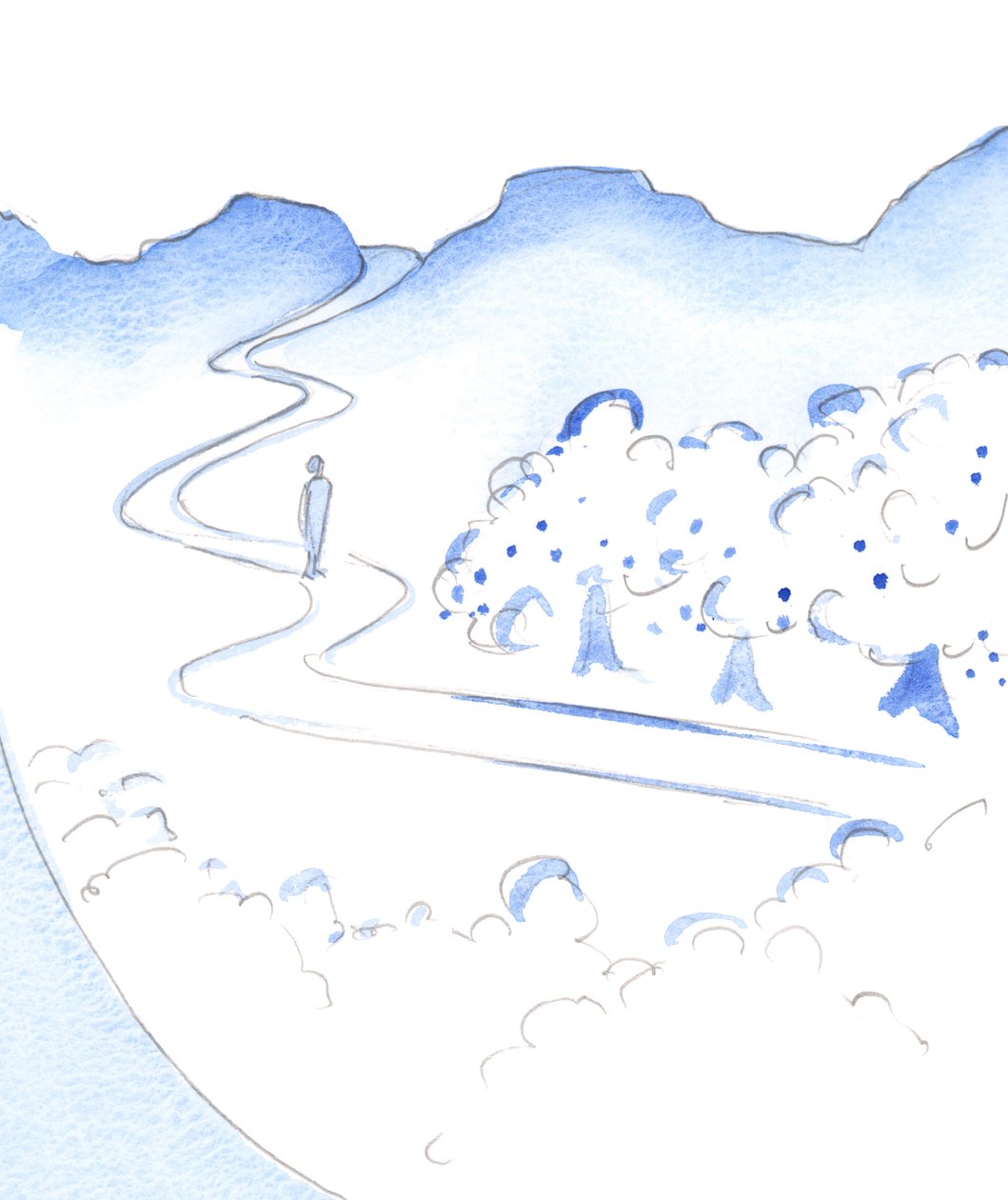 Midt i det åndelige livets høye fjelltopp er en fruktbar dal: Guds hage. "This is Eden", 2002 (w/c på papir) av Elizabeth Wang