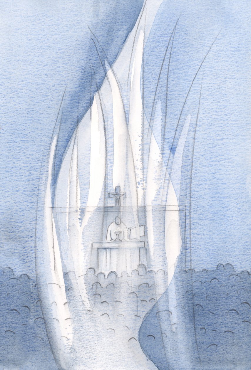 Engler tilber hvor enn Kristus er tilstede, mørke eller kulde motstår ikke., 2001 (w/c på papir) av Elizabeth Wang