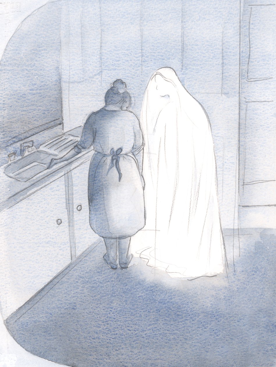 Da jeg viste Mary min mest hemmelige frykt, trøstet hun meg ganske enkelt ved å lene meg og kysse meg, 2000 (w/c på papir) av Elizabeth Wang