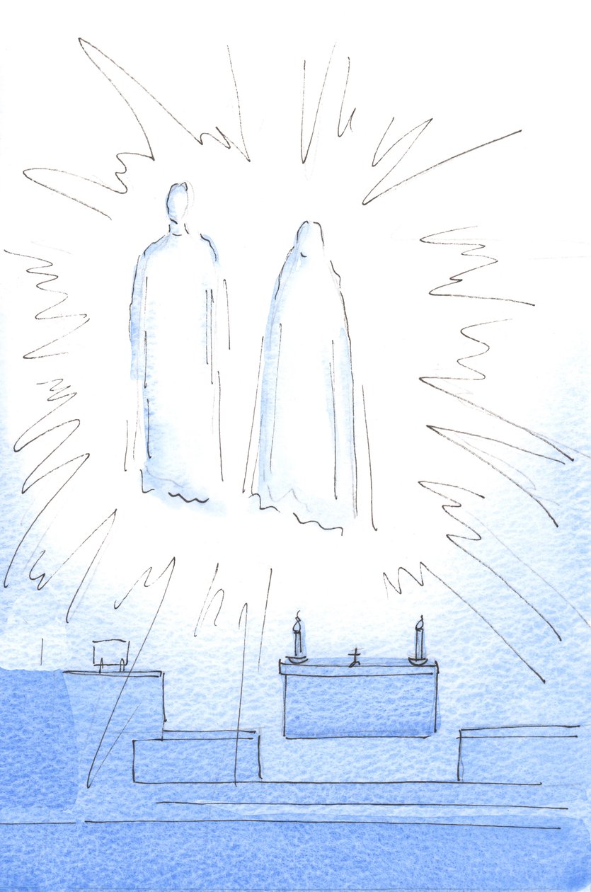 Så snart jeg hilste på Kristus ved tabernaklet, så jeg ham dukke opp høyt i helligdommen, sammen med sin mor, for et jubileumsbesøk, 2003 (w/c på papir) av Elizabeth Wang