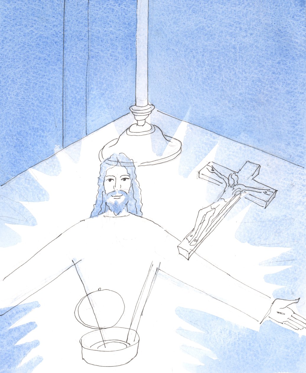 Så snart pyxen ble åpnet, og jeg forgudet Jesus, virkelig til stede i den hellige hær, ble jeg vist det gledelige synet av Jesus selv, som rakte ut armene for å hilse på meg., 2004 (w/c på papir) av Elizabeth Wang