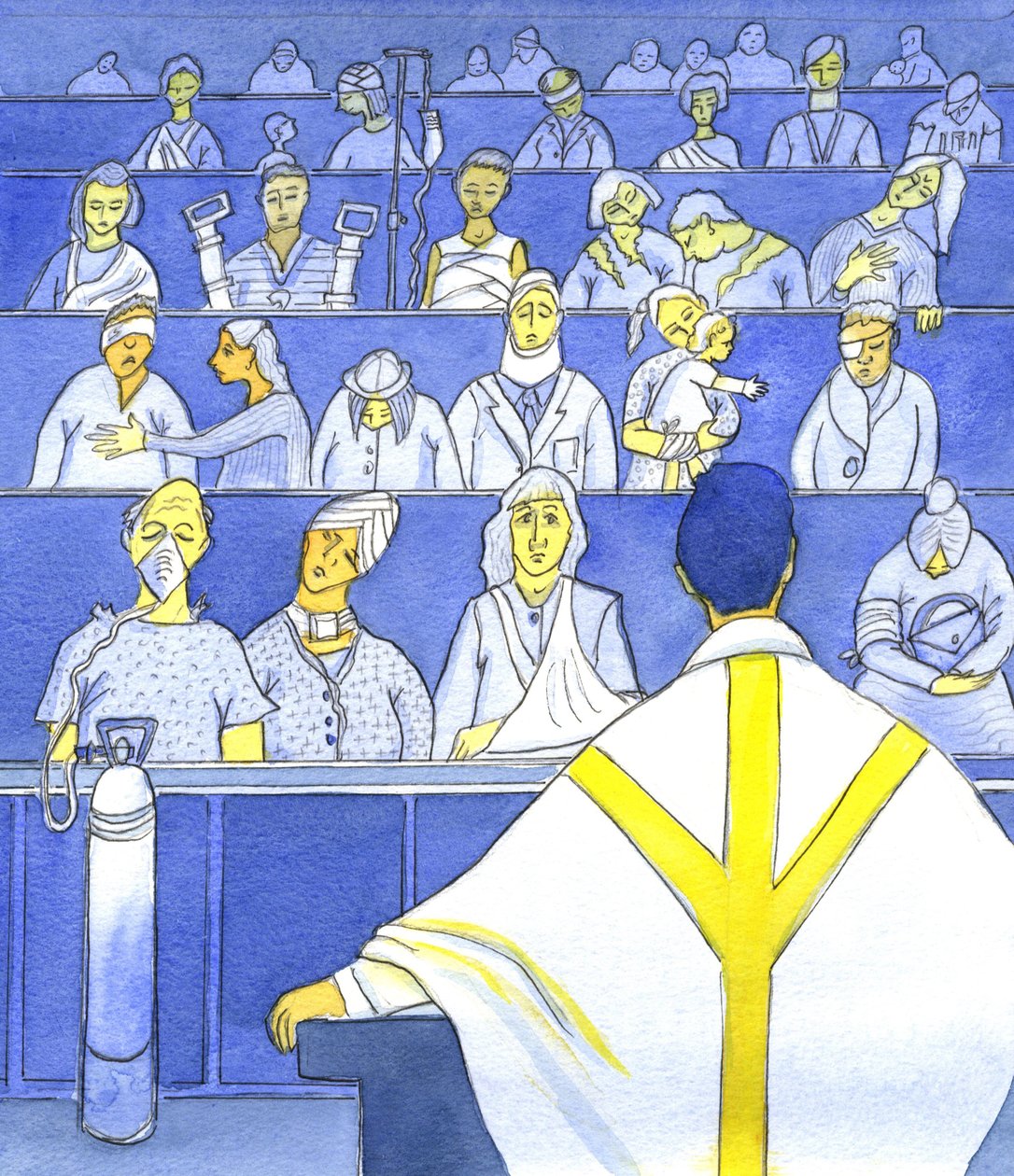 Mens presten ser på menigheten sin, forbereder seg til å forkynne og undervise i messen, bør han huske hvor trengende de er, 2001 (w/c på papir) av Elizabeth Wang