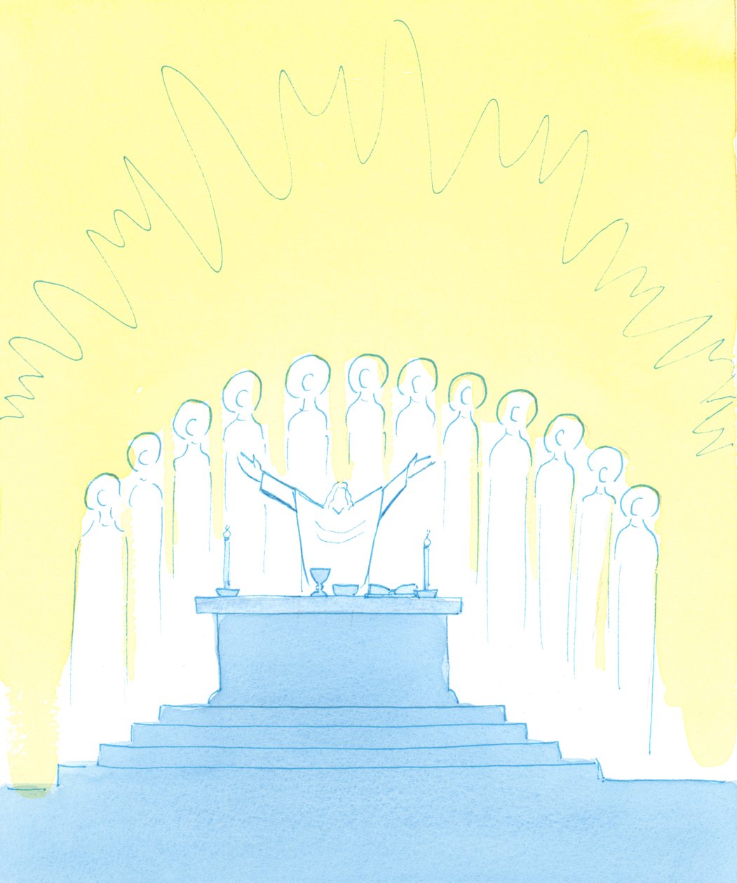 Når vi priser Gud ved messen, med og gjennom Kristus, priser vi ham sammen med hele kirken, som inkluderer himmelens hellige - her omkranser alteret - og de hellige sjeler, 2003 (w/c på papir) av Elizabeth Wang