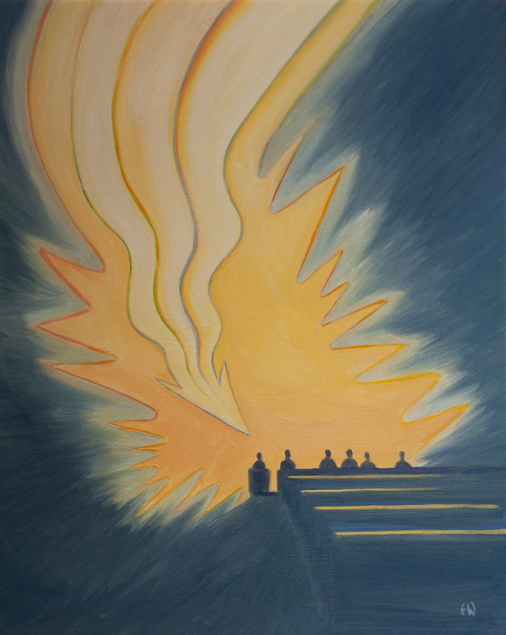 Ved nattverden kommer en stor flamme, som en pil, ned over oss når Kristus kommer oss i møte i Åndens kraft, 2001 (olje om bord) av Elizabeth Wang