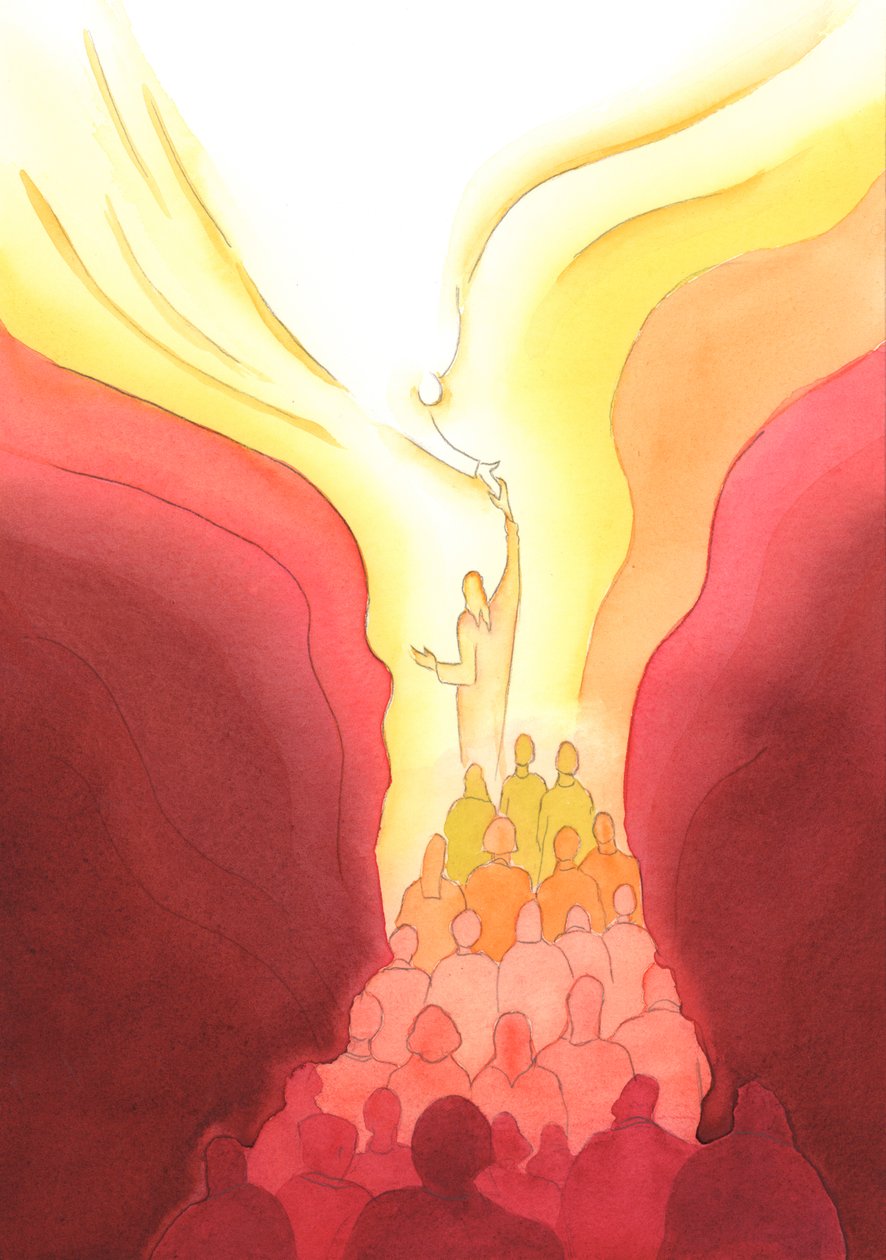 Ved hver messe strekker vi oss opp og møter Faderen gjennom offeret til Kristus vårt hode, bundet sammen med hverandre og med Ham, 2002 (w/c på papir) av Elizabeth Wang