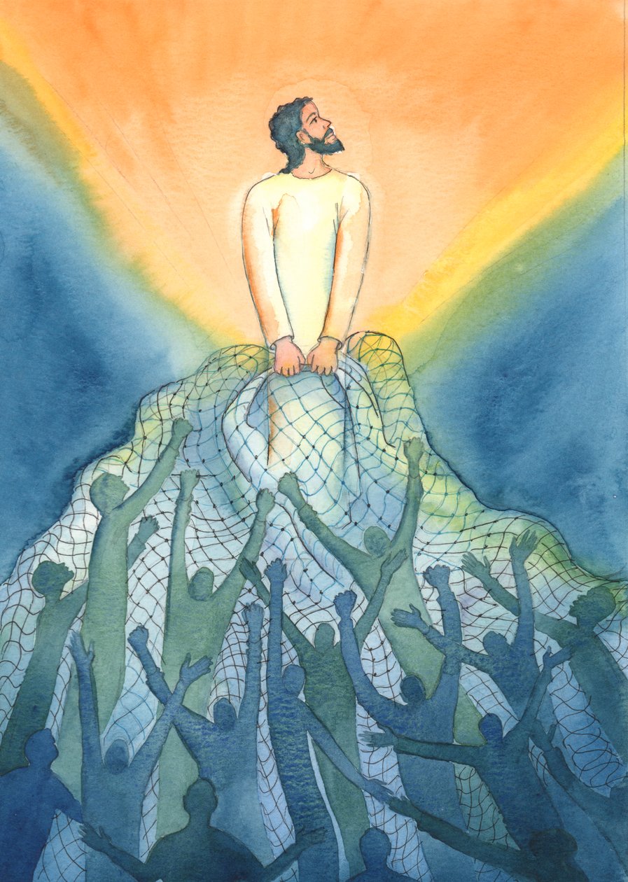 Ved messen trekker Jesus, som en fisker, inn i sitt rike de som elsker ham, 2001 (w/c på papir) av Elizabeth Wang
