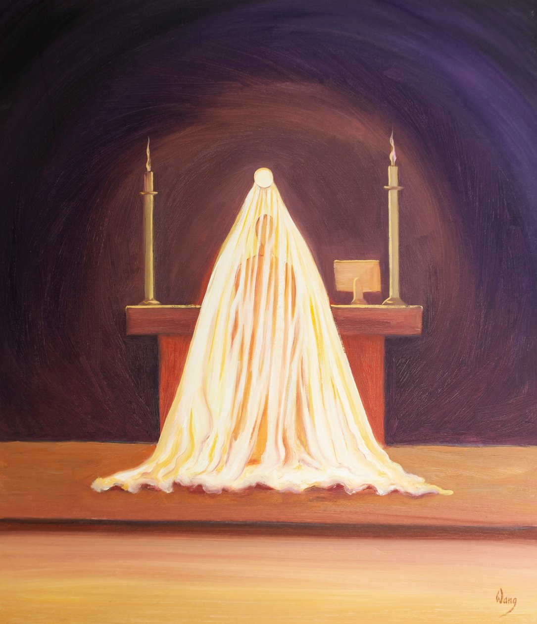 Ved innvielsen er Jesus til stede og elsker oss, men tilsløret for vårt syn., 2001 (olje om bord) av Elizabeth Wang