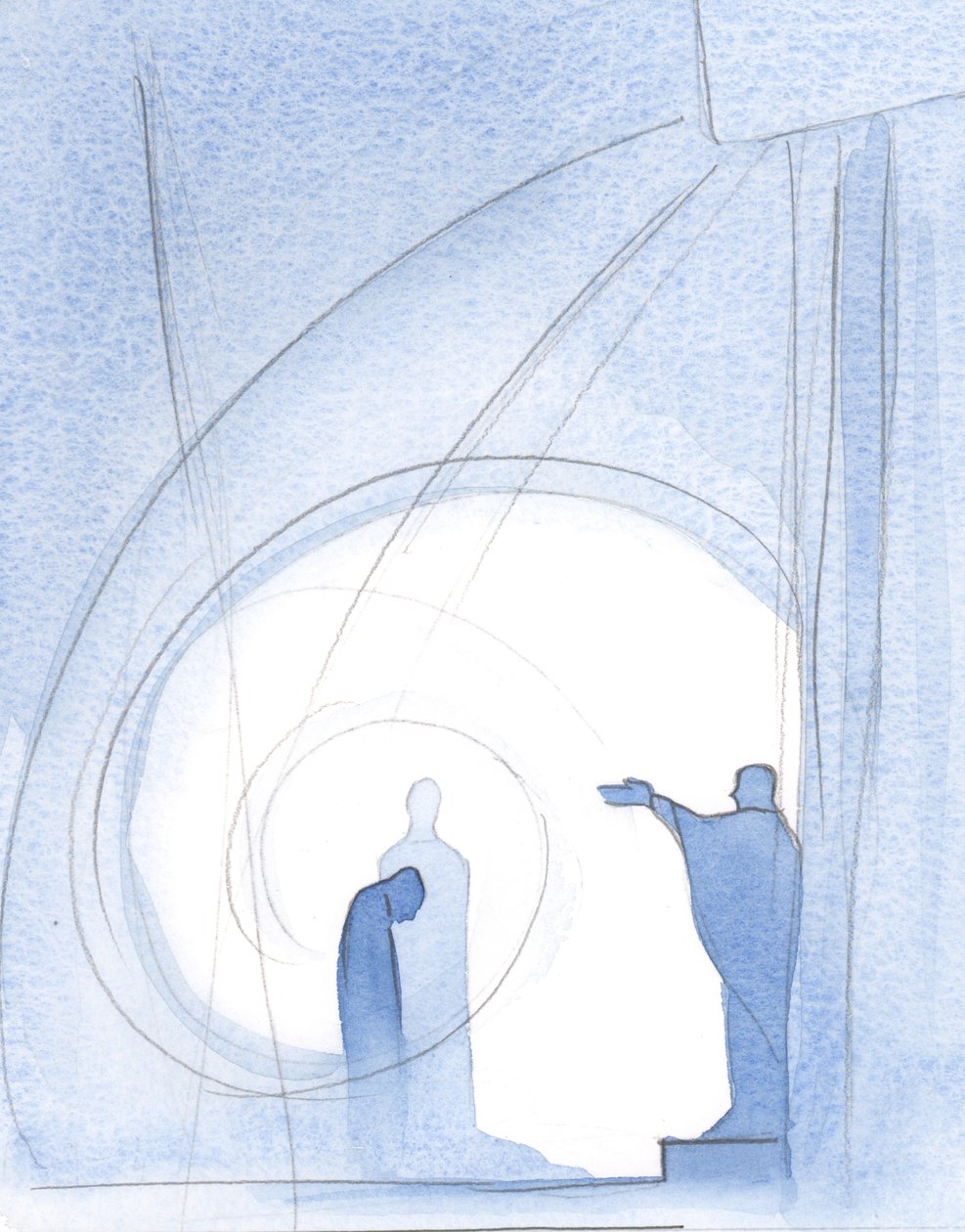På slutten av den hellige messe blir vi omfavnet av Faderens velsignelse, i Kristi følge, mens Den Hellige Ånd trøster vårt hjerte., 2001 (w/c på papir) av Elizabeth Wang