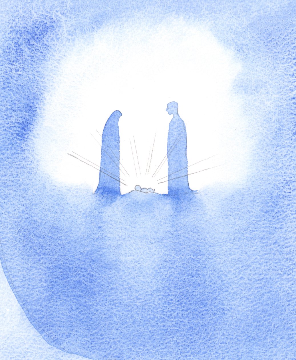Ved synet av den mirakuløse babyen (hvis mor sto foran ham i fortsatt jomfruelig hellighet) ble St. Joseph kraftig belønnet for sin tro., 2001 (w/c på papir) av Elizabeth Wang