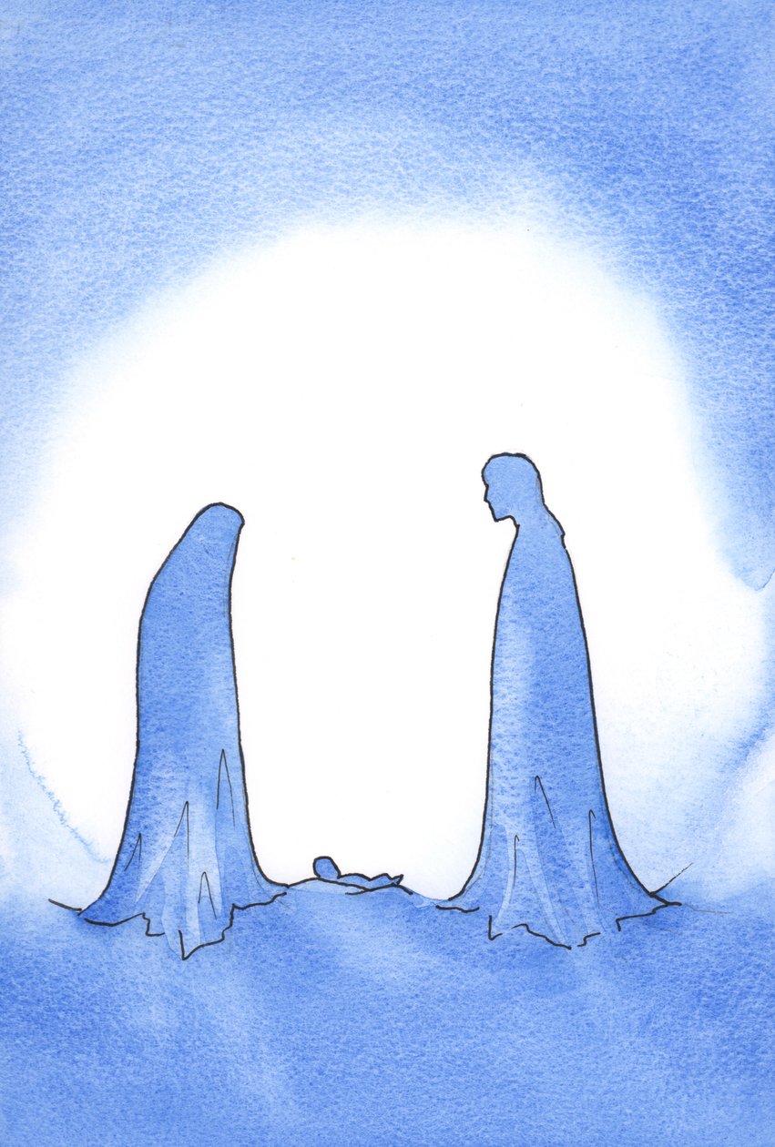 Ved synet av den mirakuløse babyen (hvis mor sto foran ham i fortsatt jomfruelig hellighet) ble St. Joseph kraftig belønnet for sin tro., 2001 (w/c på papir) av Elizabeth Wang