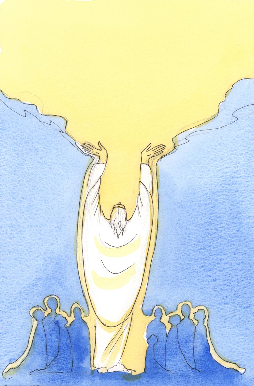 Fordi Jesus Kristus er Gud så vel som menneske, og tilstede blant oss ved messe, 2003 (w/c på papir) av Elizabeth Wang