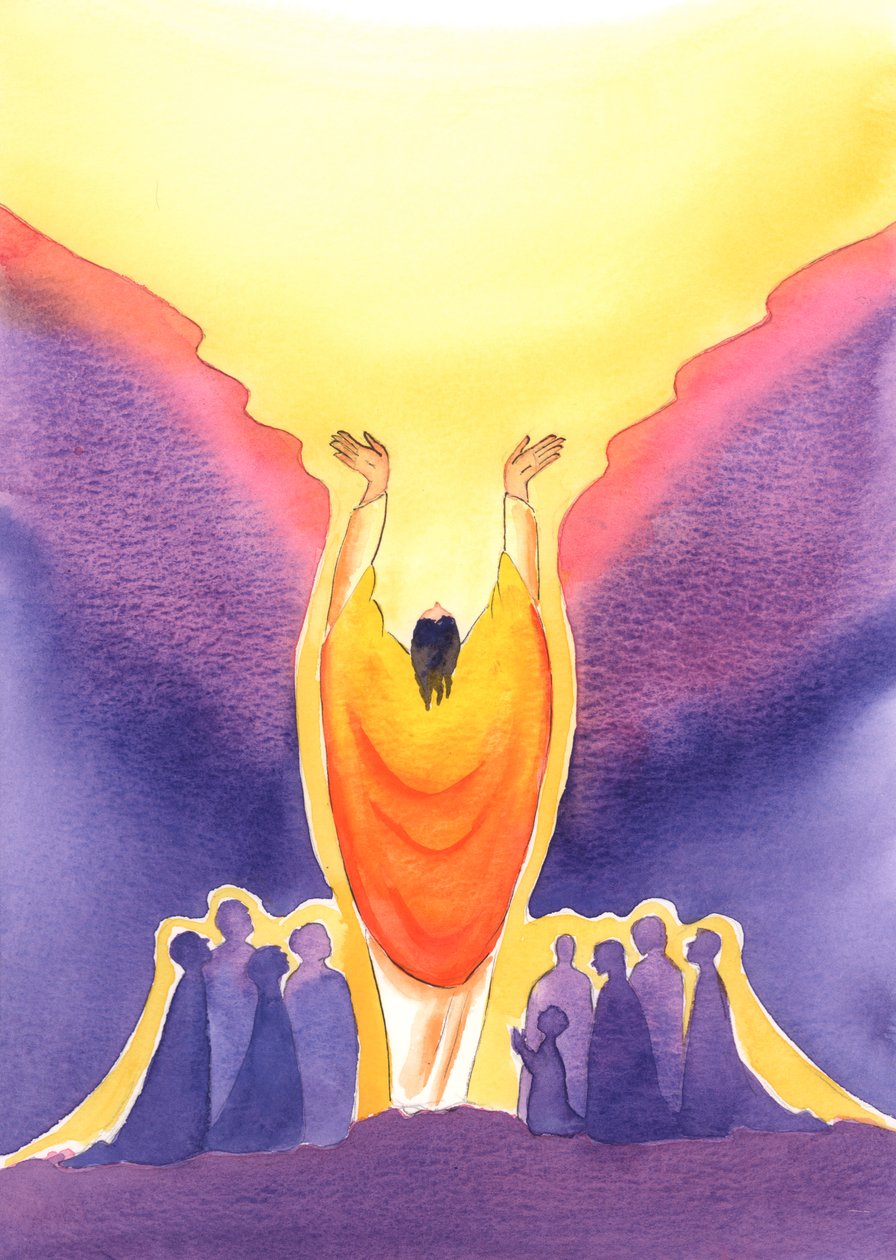 Fordi Jesus Kristus er Gud så vel som menneske, og tilstede blant oss ved messe, 2003 (w/c på papir) av Elizabeth Wang