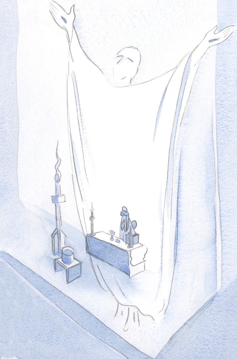"Ved hans hellige og herlige sår". Ved påskevakemessen ba jeg den ene virkelig perfekte bønn: Kristi egen bønn, ved alteret., 2001 (w/c på papir) av Elizabeth Wang