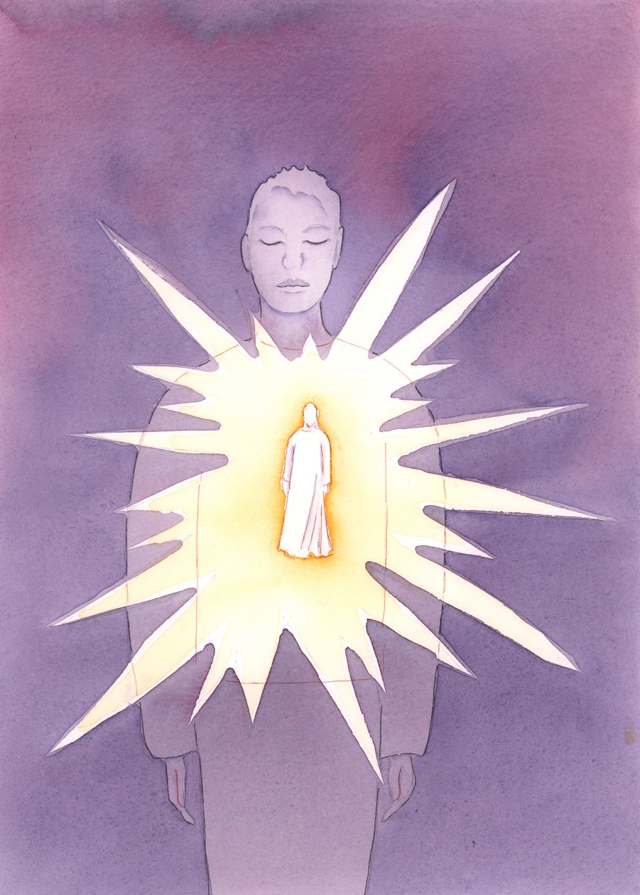 Ved Den Hellige Ånd er Kristus tilstede i den døptes sjel, og skinner ut sin kjærlighet og visdom, og stråler ut sjelen med guddommelig glede og godhet., 2004 (w/c på papir) av Elizabeth Wang