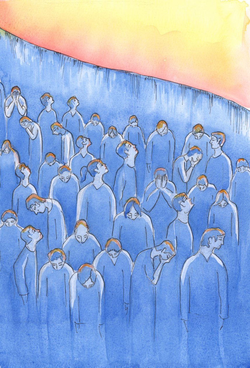 Ved Guds nåde kan sjelene i skjærsilden jamre sin stolthet, eller grådighet, eller lunkne tro, eller hva som har fått dem, selv om de er troende, til å være dårlig forberedt på døden., 2004 (w/c på papir) av Elizabeth Wang