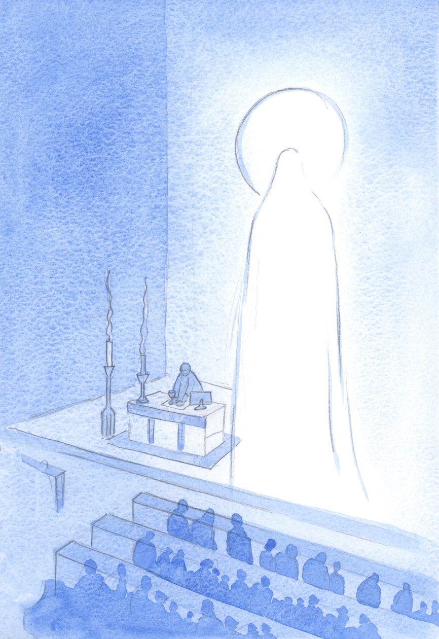 Kristus og hans hellige mor er i live, i himmelen nå, strålende. Å bli slik glorifisert er å være majestetisk, og perfekt på alle måter, 2001 (w/c på papir) av Elizabeth Wang
