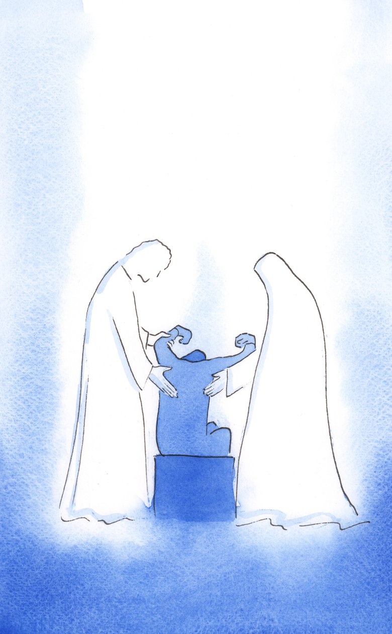 Kristus og Vår Frue er alltid ivrige etter å hjelpe oss. Deres assistanse er øm, personlig og uopphørlig, hele veien til himmelen, 2002 (w/c på papir) av Elizabeth Wang