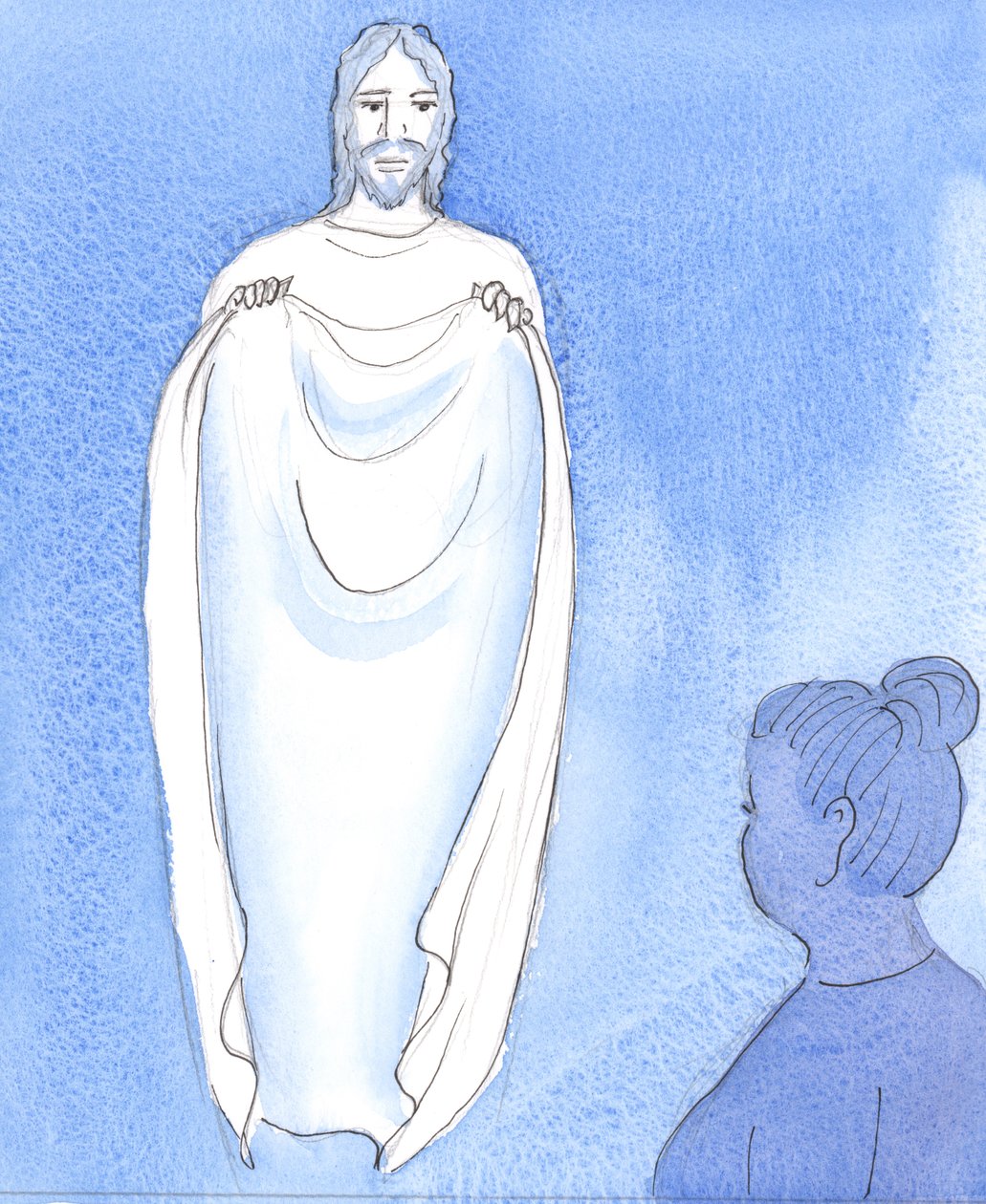 Kristus trøster og beroliger oss, som en mor som beroliger barna sine når de er bekymret eller bekymret, 2004 (w/c på papir) av Elizabeth Wang