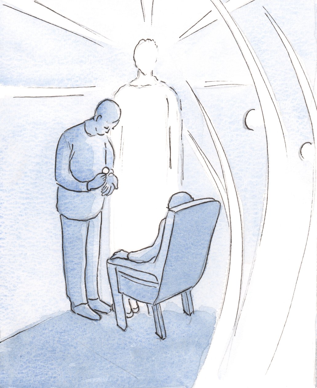 Kristus lar oss ikke være alene i vår sykdom og vanskeligheter, men kommer til oss i sitt sakrament, akkompagnert av engler., 2001 (w/c på papir) av Elizabeth Wang